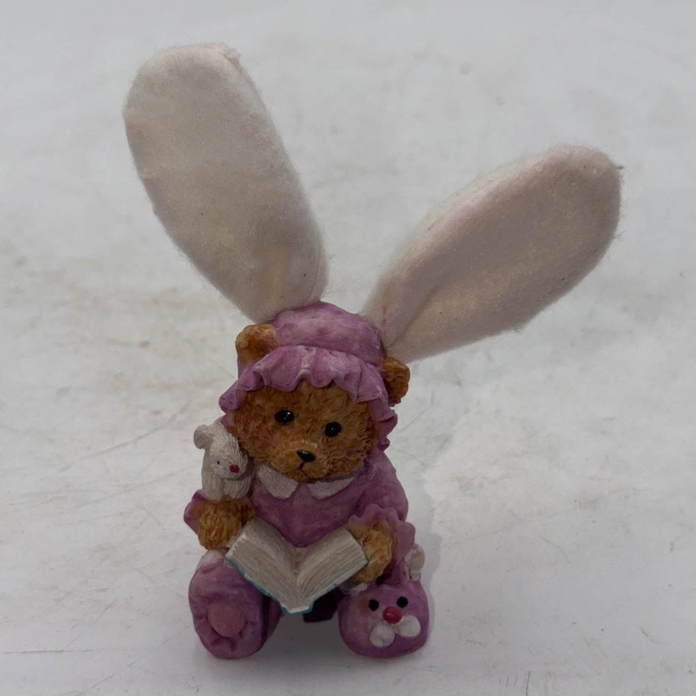 Vintage K's Collection~Bear Figurine/Purple Bunny Outfit Holding Book & Lamb